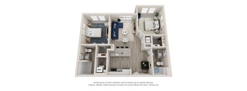 A 3D floor plan of a house with a kitchen, living room, and bathrooms.