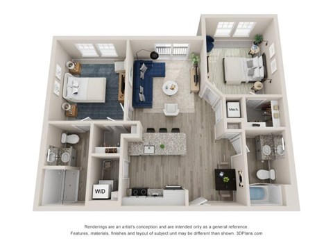 A 3D floor plan of a house with a kitchen, living room, and bathrooms.