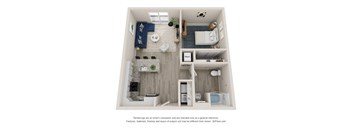 A 3D floor plan of a small apartment with a kitchen, living room, and bathroom.