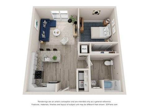 A 3D floor plan of a small apartment with a kitchen, living room, and bathroom.