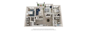 A 3D floor plan of a house with labeled rooms.