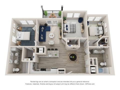 A 3D floor plan of a house with labeled rooms.