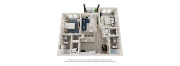 A 3D floor plan of a house with a kitchen, living room, dining room, and bathrooms.