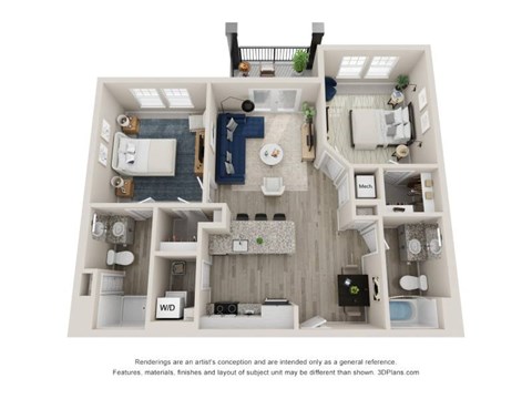 A 3D floor plan of a house with a kitchen, living room, dining room, and bathrooms.