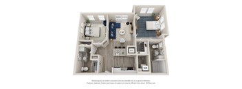 A 3D floor plan of a small apartment with a kitchen, living room, and bathroom.