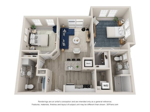 A 3D floor plan of a small apartment with a kitchen, living room, and bathroom.