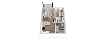 A 3D floor plan of a small apartment with a kitchen, living room, and bathroom.