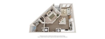 A 3D floor plan of a house with a kitchen, living room, and bathroom.