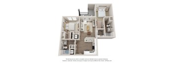 A 3D floor plan of a house with a kitchen, living room, and bathrooms.
