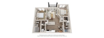 A 3D floor plan of a house with a kitchen, living room, and bedrooms.