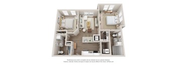 A 3D floor plan of a small apartment with a kitchen, living room, and bathroom.