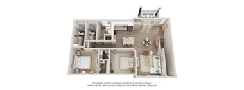A 3D floor plan of a house with a kitchen, living room, and two bedrooms.