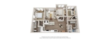 A 3D floor plan of a house with a kitchen, living room, and two bedrooms.