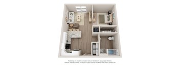 A 3D floor plan of a small apartment with a kitchen, living room, and bathroom.