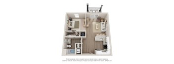 A 3D floor plan of a small apartment with a kitchen, living room, and bathroom.