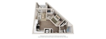 A 3D floor plan of a house with a kitchen, living room, and bathroom.