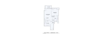 A floor plan of a bedroom with a living room, kitchen and bathroom.