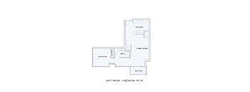 A floor plan of a 1 bedroom apartment with a living room, kitchen and bathroom.