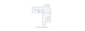 A floor plan of a one bedroom apartment with a living room, kitchen and bathroom.