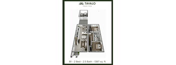 A floor plan of a Tavalo Tradition property showing a living room, dining area, kitchen, and two bedrooms.