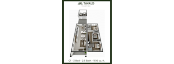 A floor plan of a Tavalo Tradition apartment with three bedrooms, two and a half bathrooms, and a total area of 1510 square feet.