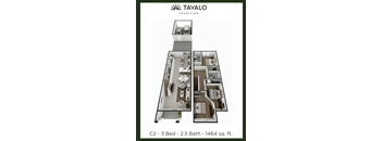 A floor plan of a Tavalo Tradition property showing a living room, dining area, kitchen, and bedrooms.