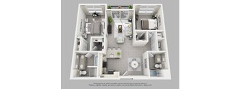 A 3D floor plan of a house with a kitchen, living room, and bathrooms.