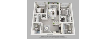 A 3D floor plan of a small apartment with a kitchen, living room, and bathroom.