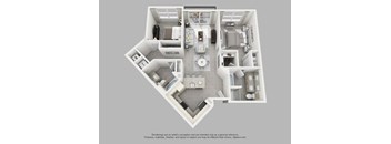 A 3D floor plan of a house with a kitchen, living room, and two bedrooms.
