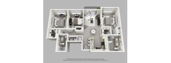 A 3D floor plan of a house with a kitchen, living room, and bathroom.