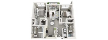 A 3D floor plan of a small apartment with a kitchen, living room, and bathroom.