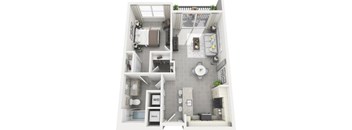 A top-down view of a small apartment with a kitchen, living room, and bathroom.