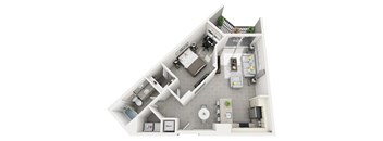 A top down view of a small apartment with a kitchen, living room, and bathroom.