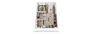A 3D floor plan of a small apartment with a kitchen, living room, and bathroom.