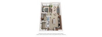 A 3D floor plan of a house with a kitchen, living room, and bathroom.