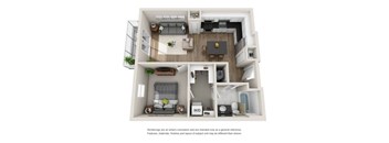 A 3D rendered image of a modern apartment layout.