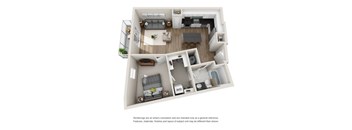 A floor plan of a two-story apartment with a living room, kitchen, and bedrooms.