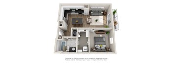 A 3D rendering of a modern apartment layout with a kitchen, living room, and bedroom.