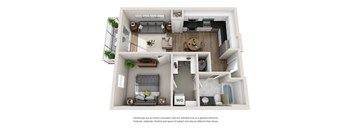 A 3D floor plan of a small apartment with a living room, kitchen, and bedroom.