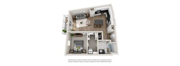 A 3D rendering of a modern apartment layout with a living room, kitchen, and bedroom.