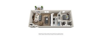 A 3D floor plan of a small apartment with a kitchen, living room, and bedroom.