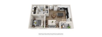A 3D rendered image of a modern apartment layout.