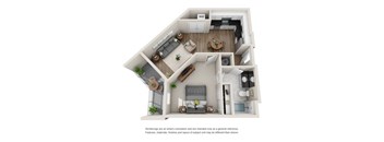 A 3D rendering of a house layout with a living room, kitchen, and two bedrooms.