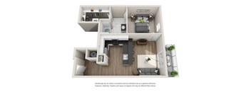 A 3D rendering of a modern apartment layout.