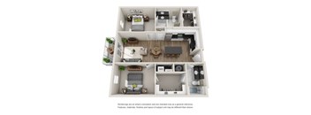 A floor plan of a house with a living room, kitchen, and two bedrooms.