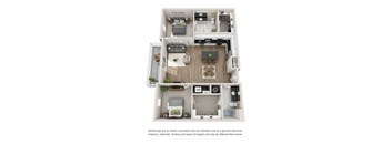 A floor plan of a small apartment with a kitchen, living room, and bedrooms.