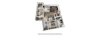 A 3D rendered image of a house layout.