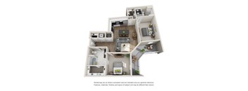 A 3D rendered image of a house layout.
