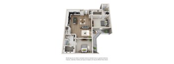 A 3D rendered image of a house layout.