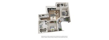A 3D rendered image of a house layout.